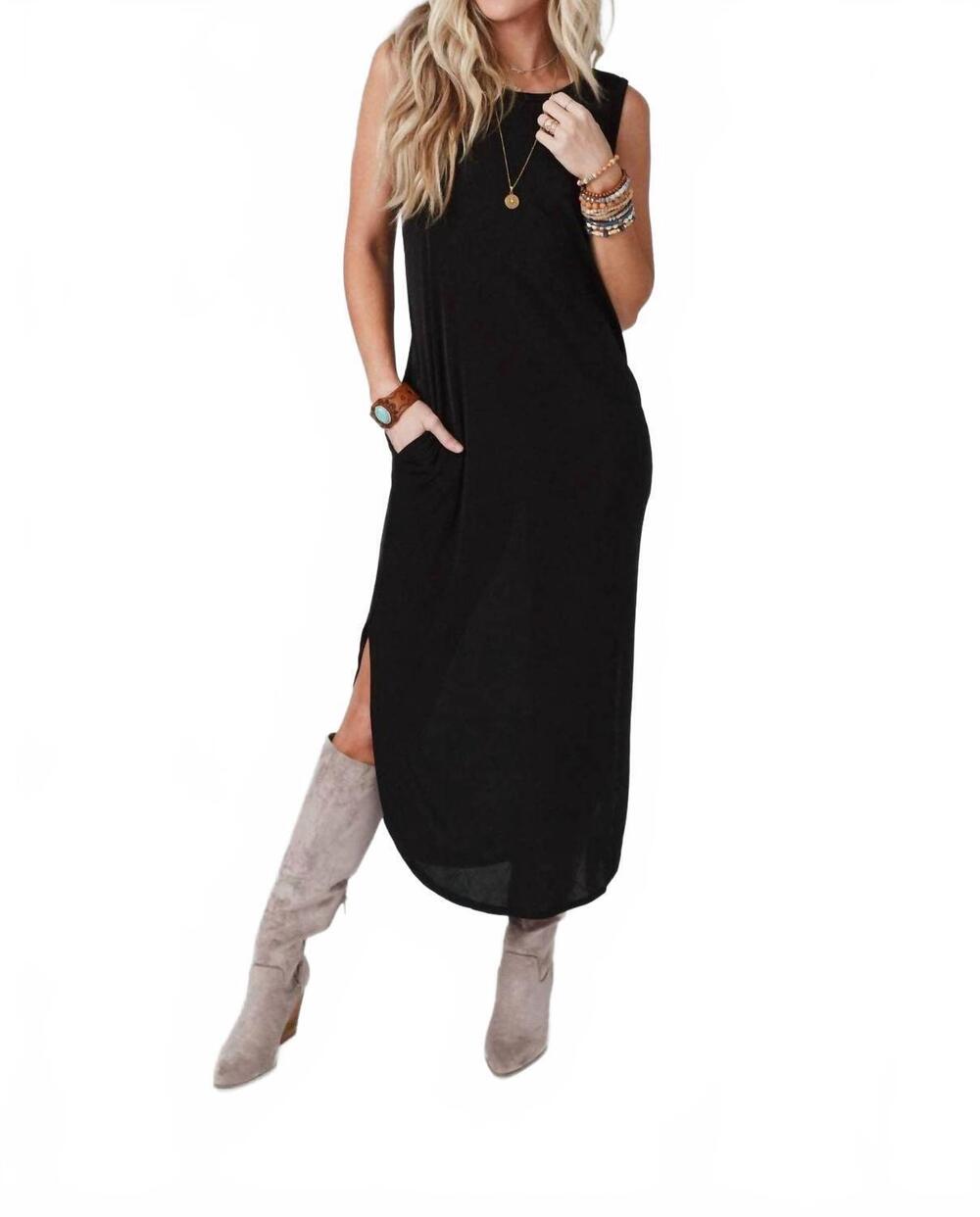 NEW THREE BIRD NEST cassie sleeveless pocket slinky maxi dress in black